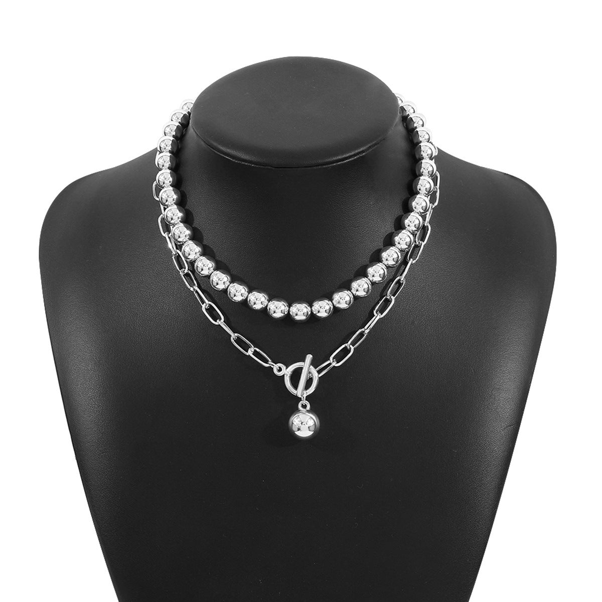 Hip Hop Beaded Set Necklace Geometric OT Buckle Short Ball Pendant Necklace