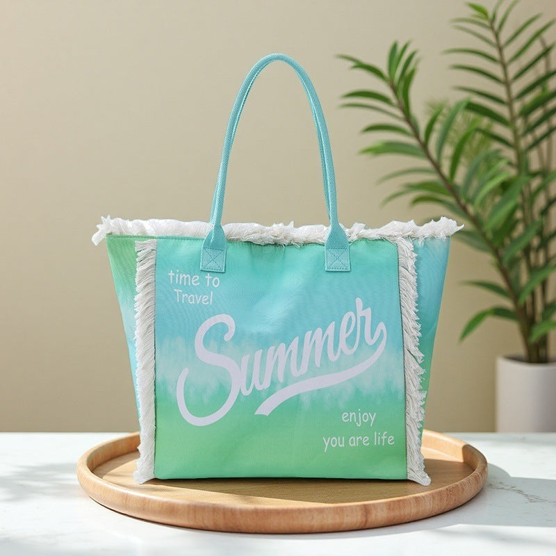 Fringe Tote Bag – Large Shoulder Printed Canvas Purse, Gradient Letter Hobo, Minimalist Commuter Bag