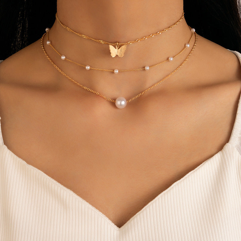 Multi Layers Pearl Butterfly Charm Necklace