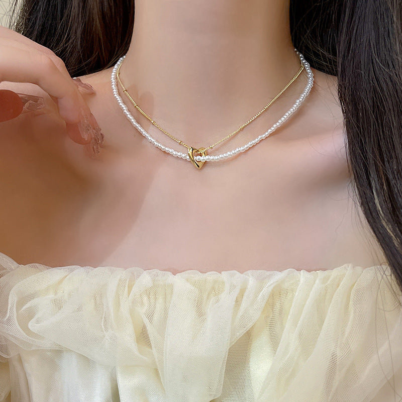 Pearl Heart Link Chain Double Layer Chains Necklace
