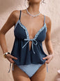 Tankini Swimwear for Women with Ruffled Two Tone Shoulder Straps and Tie Closure Bathing Suit
