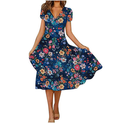 V Neck Bohemian Print Short Sleeve Dress - Flowy Casual Summer Dress with Elastic Waist