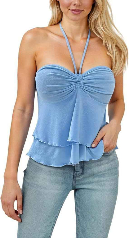 Sexy Lace Up Cross Sling Off-Shoulder Halter Pleated Ruffle Edge Solid Color Tube Top Drawstring Bust Tie Backless Halter Top