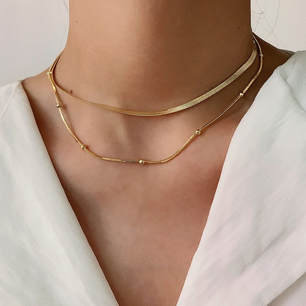 Double Layer Snake Chain Choker Round Bead Chain Necklace