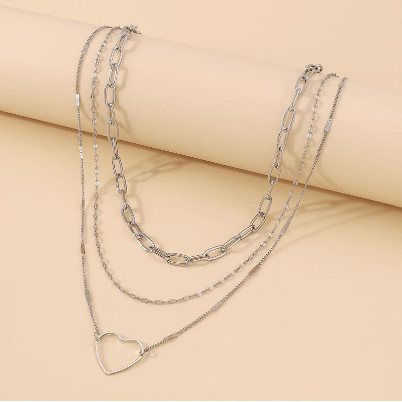 Multi Layers Metallic Chain Hollow Heart Pendant Necklace
