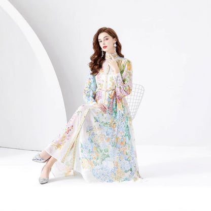 Early Spring Fashion Court Style Dress - Vintage Print Mandarin Collar Long Sleeve Flared Maxi Gown