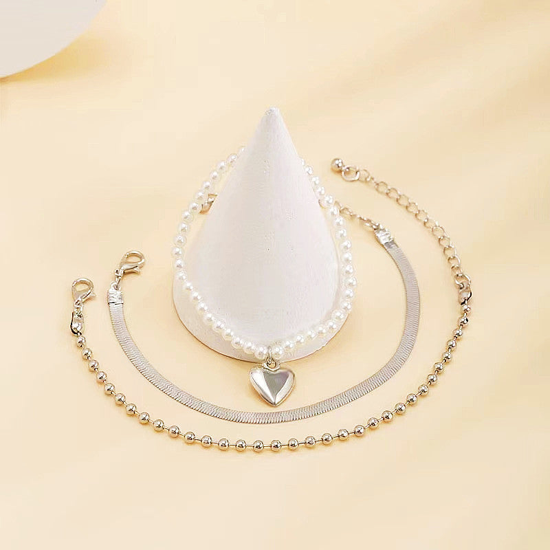 Heart Charms Pearl Beaded Bracelet Set