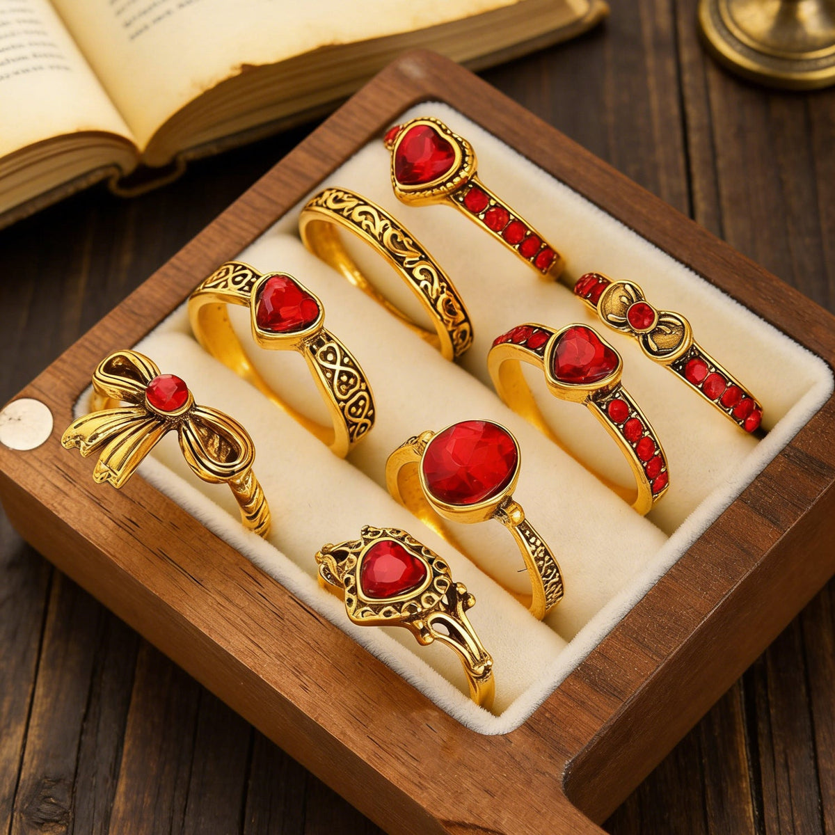 Art Vintage Palace Heart Geometric Red Zircon Bow Ring Women Luxury Band