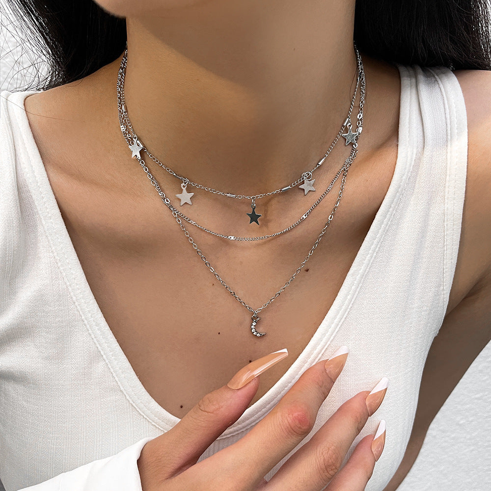 Multi-layer Star Pentagram Tassel Moon Pendant Chain Necklace