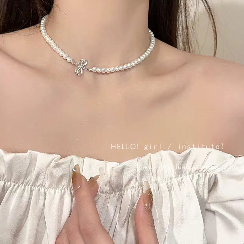 Imitation Pearl Butterfly Tassel Necklace