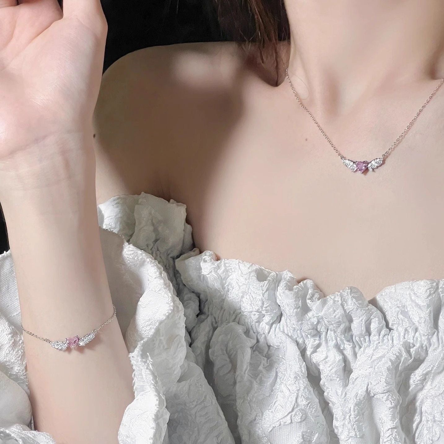 Pink Heart Angel Wings Necklace Bracelet