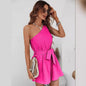 Women's One Shoulder Wide Leg Romper - 3/4 Sleeve Draped Bodice Mini Jumpsuit for Casual Summer Wear