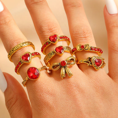 Art Vintage Palace Heart Geometric Red Zircon Bow Ring Women Luxury Band