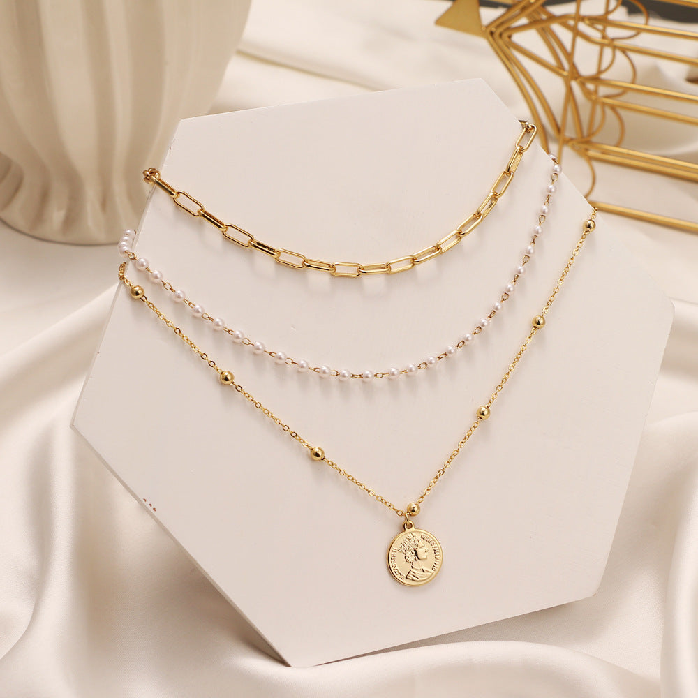 Portrait Round Pendant Bead Chain Necklace