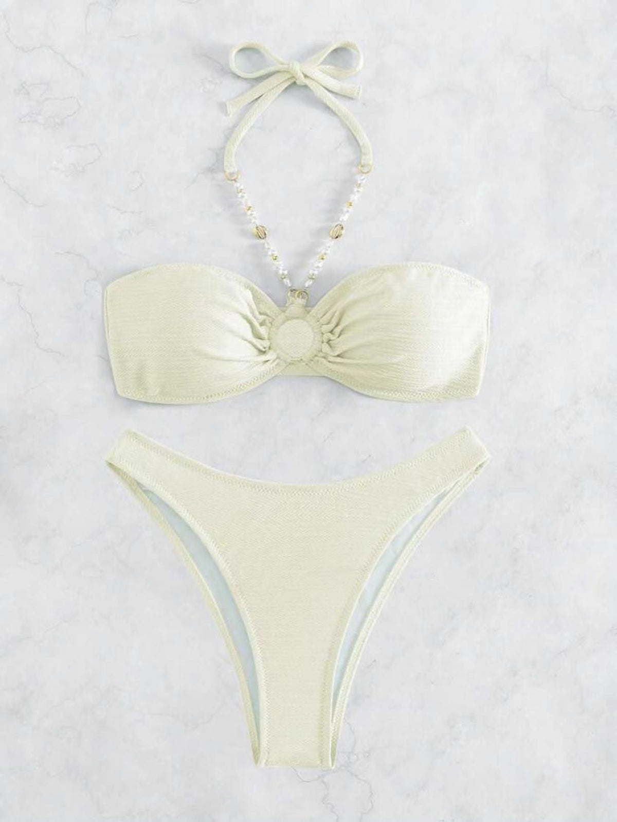 Sexy Solid Neck Ladies Beach bikini Ruched Bust Halter Bikini Swimsuit