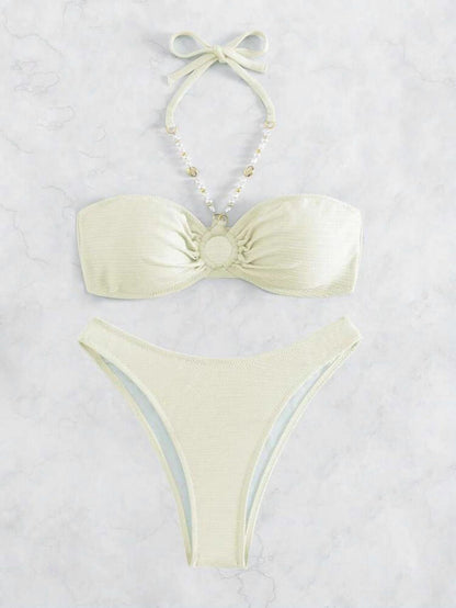Sexy Solid Neck Ladies Beach bikini Ruched Bust Halter Bikini Swimsuit