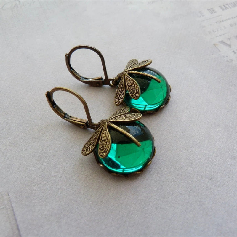 Fashion Jewelry Vintage Dragonfly Pattern Earrings Distressed Moonstone