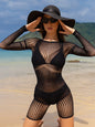 Sexy hip skirt, sexy underwear, one-piece hollowed-out tight-fitting perspective long-sleeved mesh coat w755