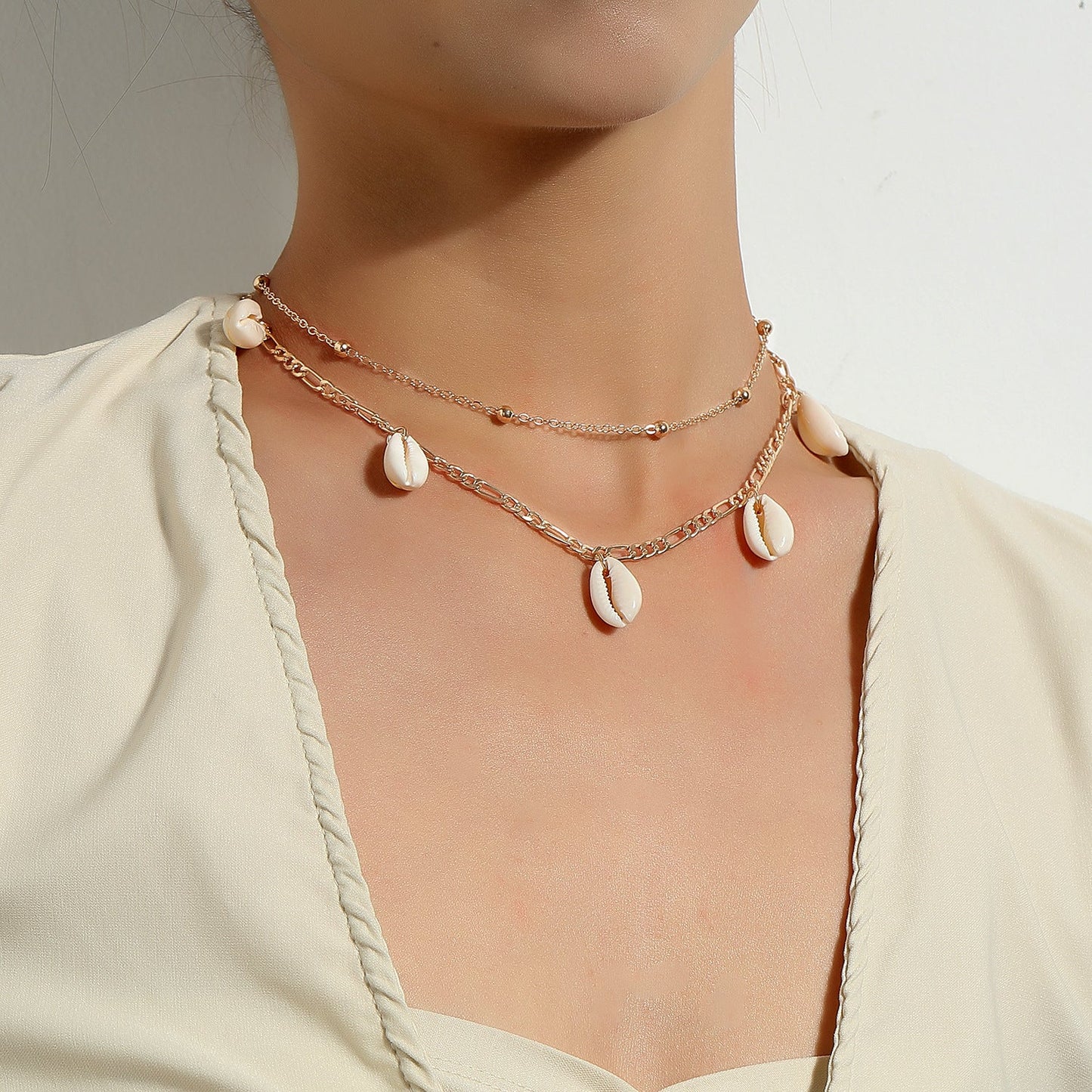 Sea Shell Pendant Bead Chain Choker Necklace