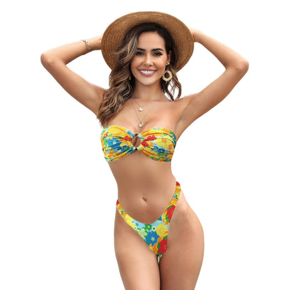 Tube Top Pumping Pleated Bikini Female Sexy Halter High Waist Thickened Split Swimsuit