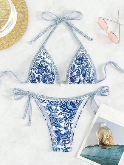 Contrasting Print Strap Sexy Bikini Split Swimsuit Batwing Short Sleeve Shirt W Plants Print