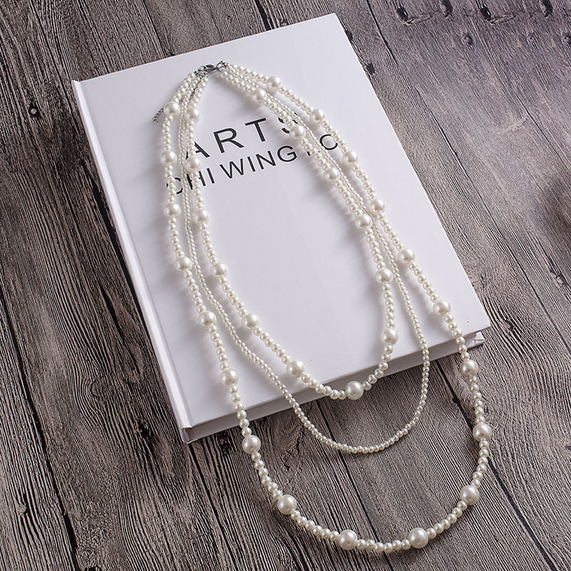 Round Glass Pearl Layer Necklace Vintage Beaded Sweater Chain