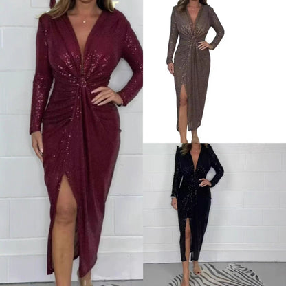 Women's Temperament Sequins Low V-Neck Long Sleeve New Year's Party Dress