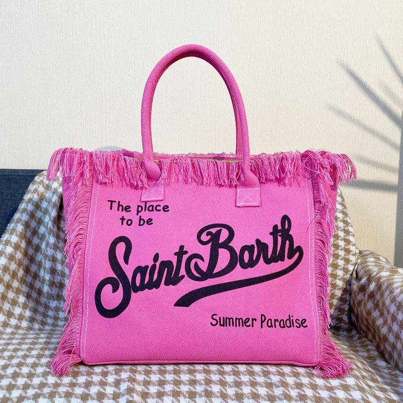 Large Beach Shoulder Commuter Tote – Handmade Fringe Denim Printed Bag, Casual Travel Shopper