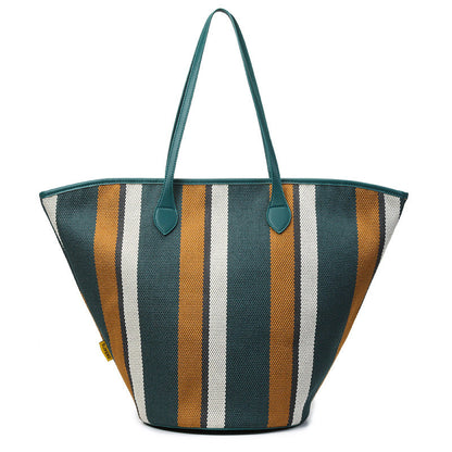 Trendy Canvas Shoulder Tote – Fashion Stripe Large Handbag, Casual Weekender Shopper