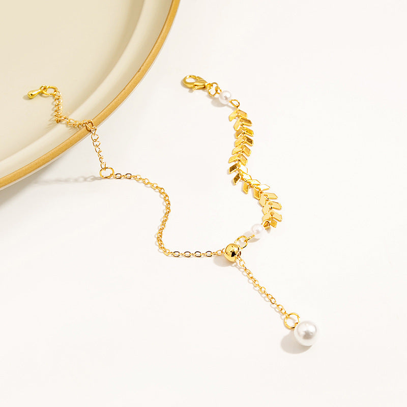 Wheat Pearl Necklace Chic Boho Fish Tail Leaf