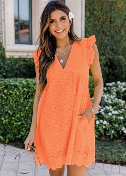 Lace jacquard hollowed V-neck dress