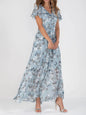 Beach Flared Maxi Dress Chiffon Floral Short Sleeve Ruffle V-Neck Fashion Waist-Defining Dress