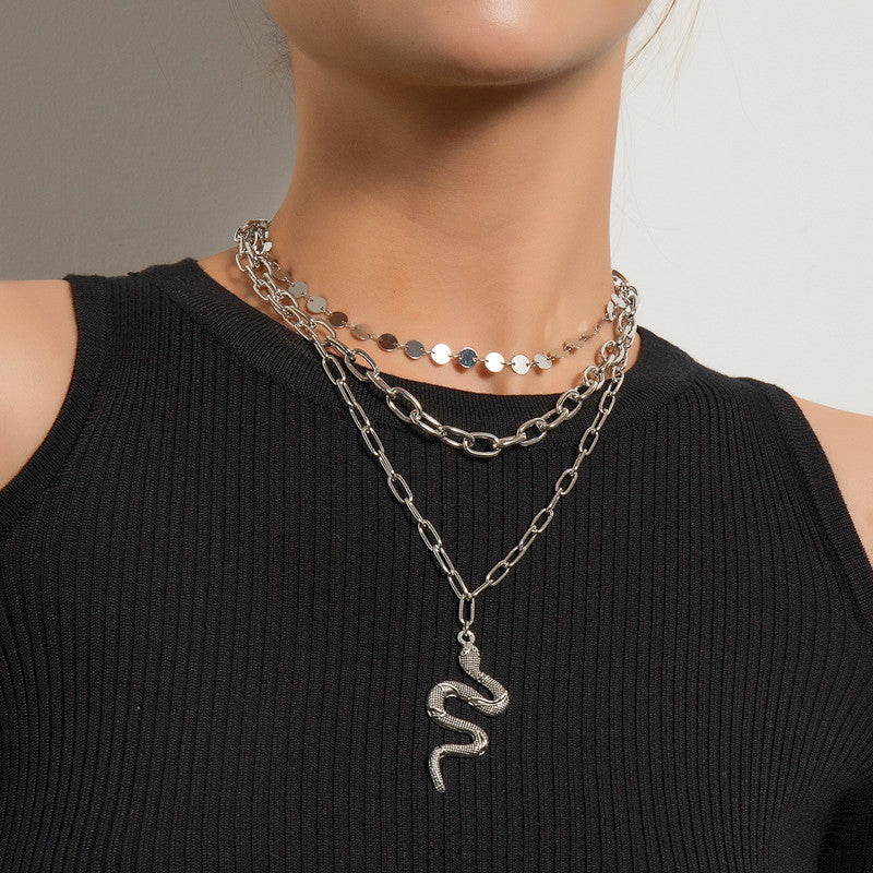 Vintage Bohemian Multi Layer Chunky Chain Choker Necklace Snake Pendant Necklaces