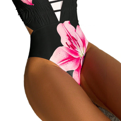 Sexy Bikini Printed Triangle Cup Strappy Beach One-Piece Swimsuit for Women