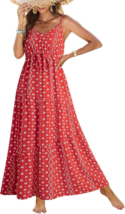 Summer Dress Casual Women's Bohemian Sleeveless Print Long Layered Long Dress Beach Dress