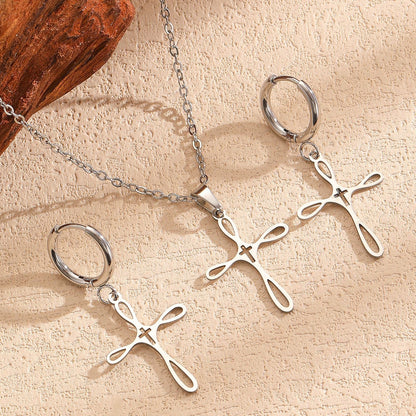 Cross Pendant Stainless Steel Clavicle Chain & Earrings Set Simple Daily Jewelry
