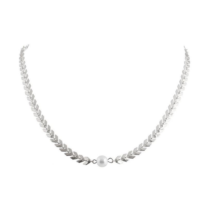 Simple Pearl Charm Fish Bone Chain Short Choker Necklace