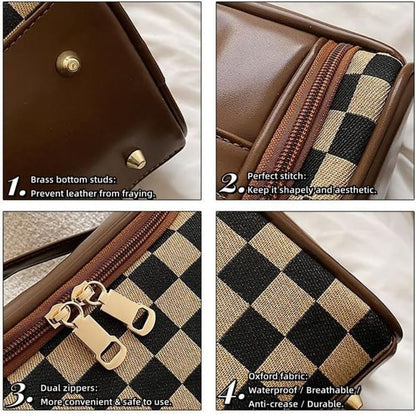 Large portable plaid cosmetic bag, large capacity toilet bag, tote zipper cosmetic storage bag, makeup bag with compartments,