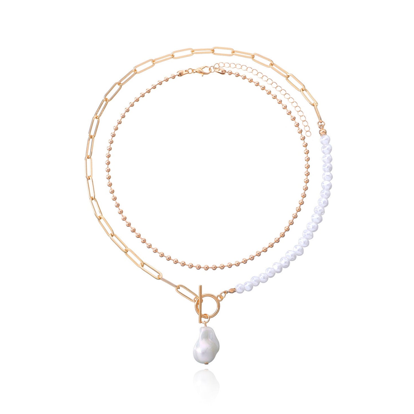 Pearl Round Bead Chain Overlay Necklace