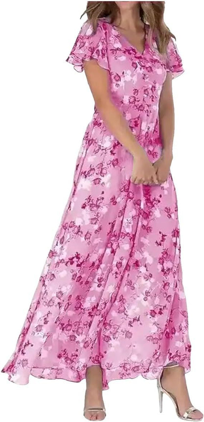 Beach Flared Maxi Dress Chiffon Floral Short Sleeve Ruffle V-Neck Fashion Waist-Defining Dress