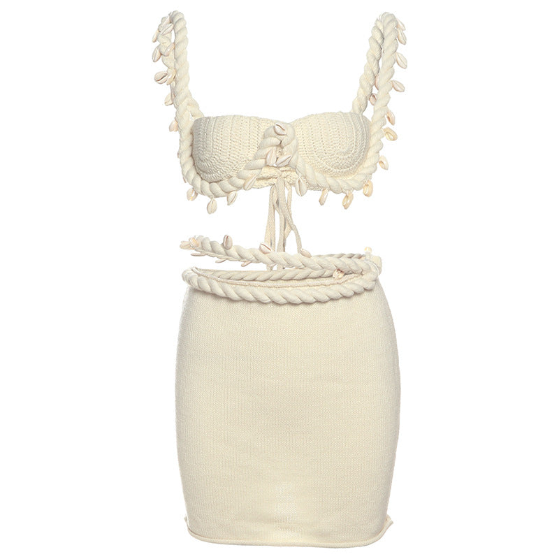 Wind summer fashion creative street sexy babes sleeveless navel knitted skirt set