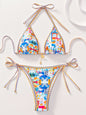 Contrasting Print Strap Sexy Bikini Split Swimsuit Batwing Short Sleeve Shirt W Plants Print