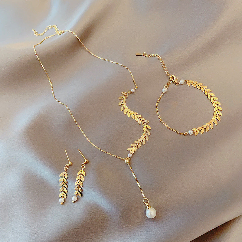 Three-piece Wheat Pearl Necklace Earrings Bracelet Set Jewelry