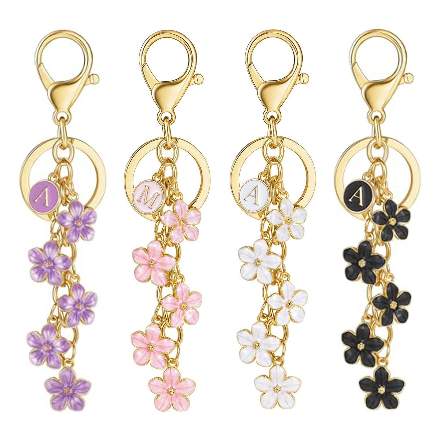 Initial Keychain White/Pink Flower Charms for Key Cute Letter Keyring Bag Charm 26 Letter Flower Cherry Blossom Daisy Keychain