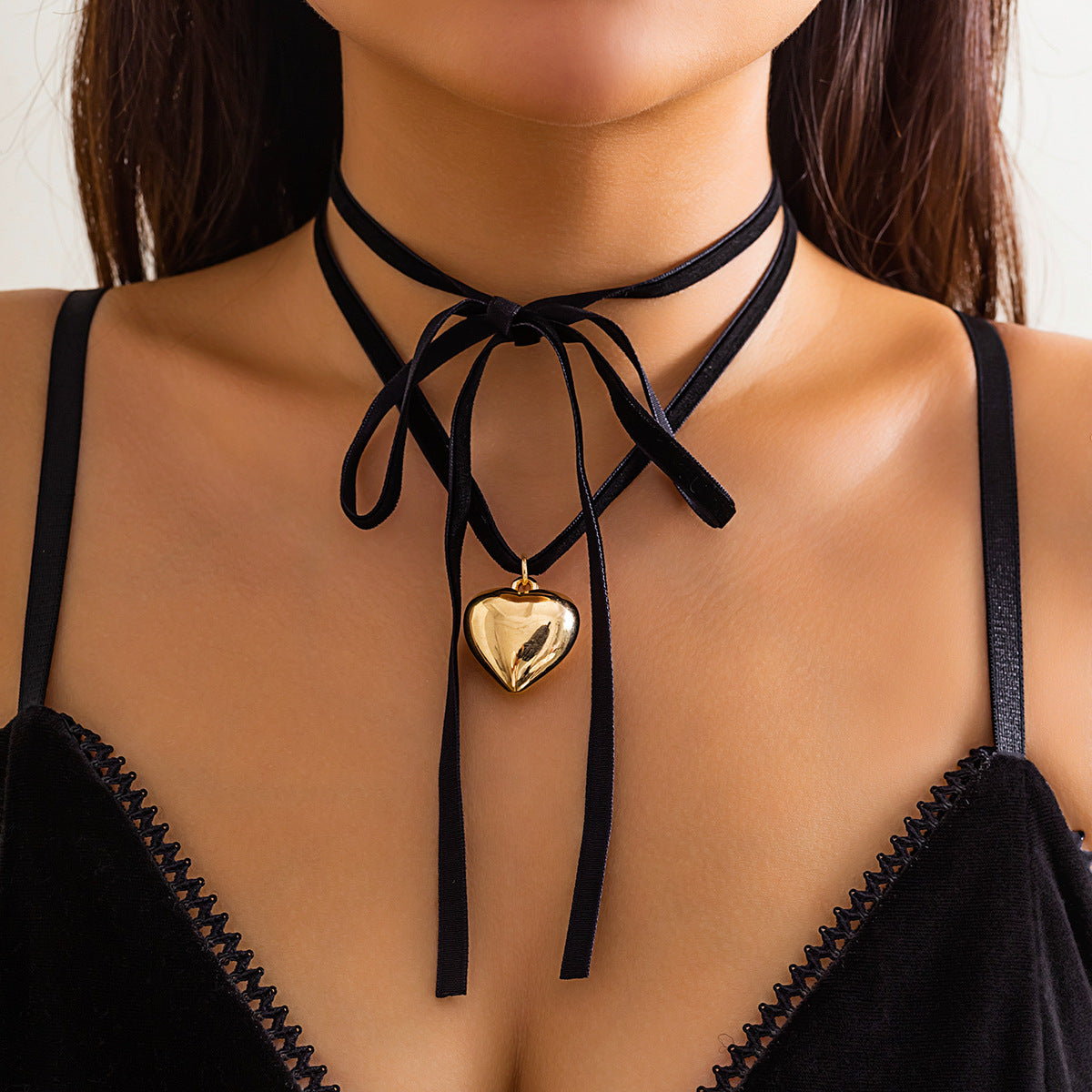 Double Layer Pink Lace Chain Metal Heart Pendant Choker Necklace