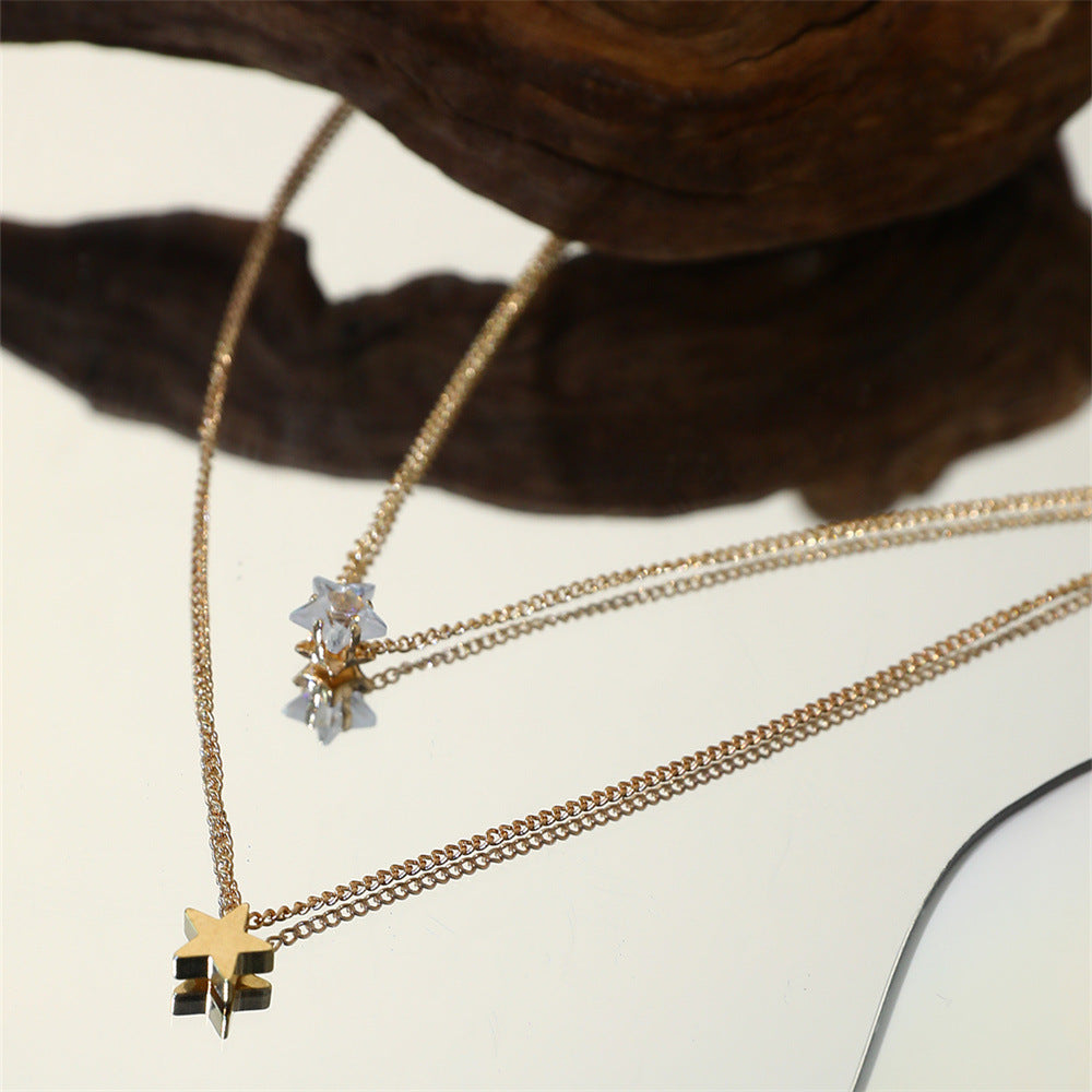 Vintage Multi Layer Zircon Double Crystal Cute Star Choker Chain Necklace