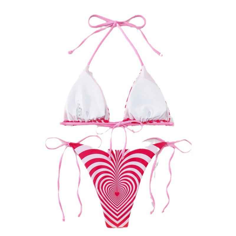 Love Wave Print Neck Buckle Halter Sexy High Waist Split Bikini Swimsuit Striped Halter Backless Bikini Beach Swimwear