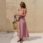 Off-the-shoulder backless solid color suspender strap-up long dress