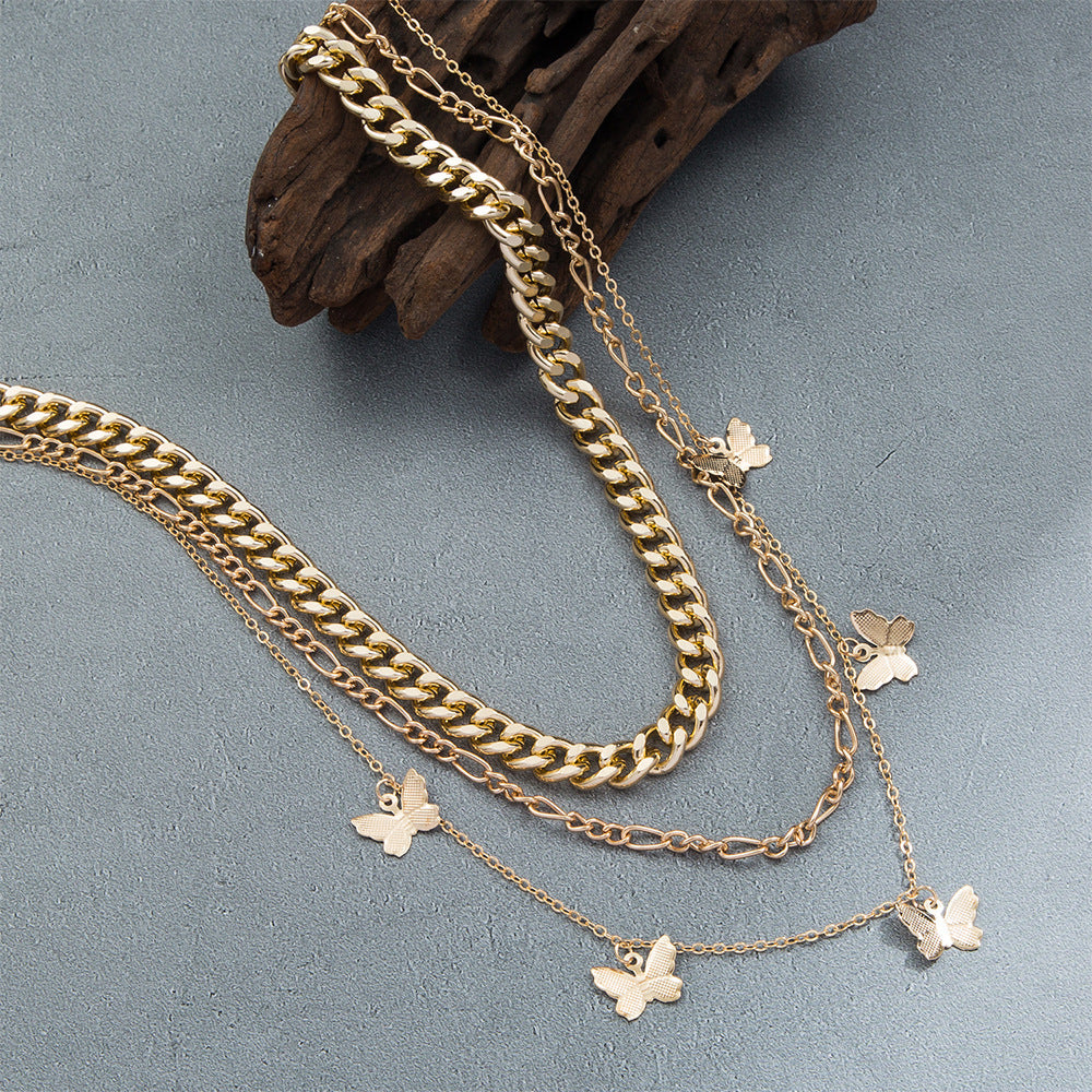 Butterfly Pendant Multi Layered Chain Necklace