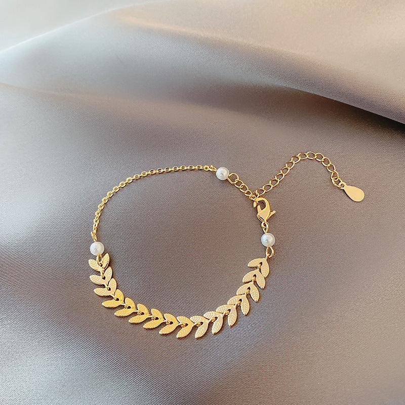 Three-piece Wheat Pearl Necklace Earrings Bracelet Set Jewelry